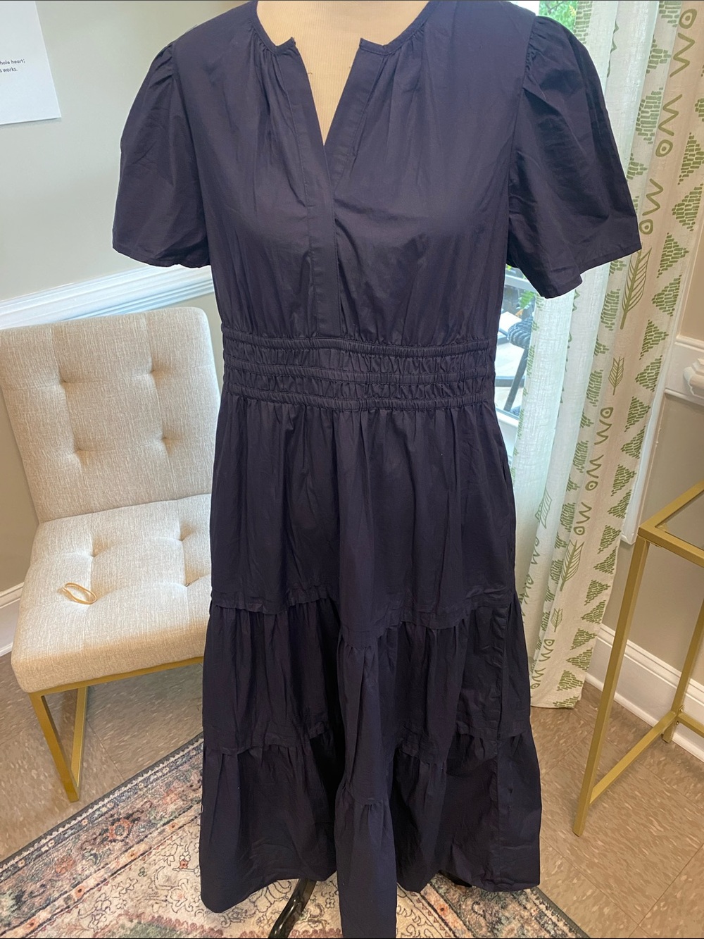 Navy Tiered Short-Sleeve Midi Dress - Classic Women's Dress